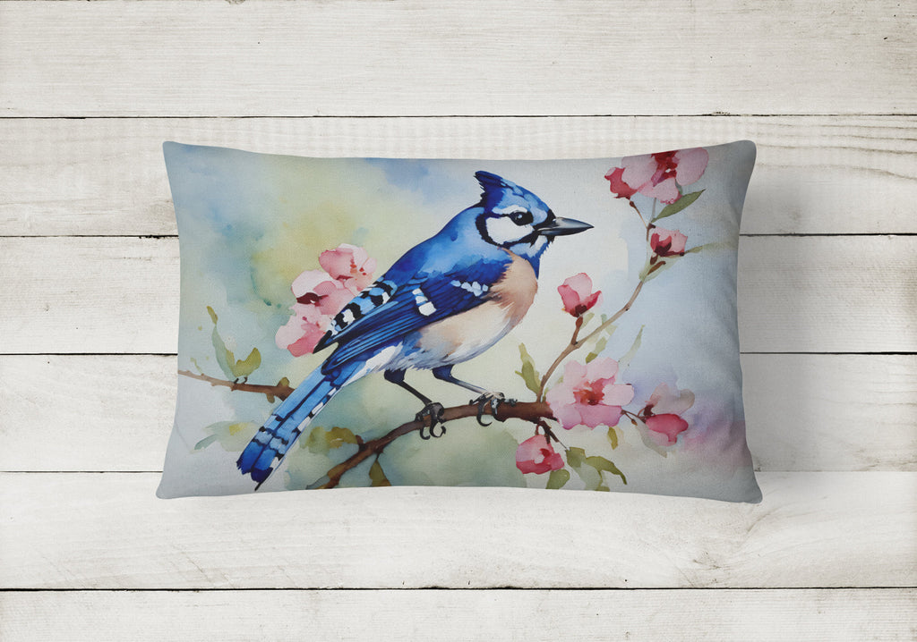 Blue Jay on Blossom Branch Decorative Throw Pillow 12x16 Indoor Outdoor Accent Cushion, Fabric Cover with Insert for Sofa, Bed, Porch & Living Room