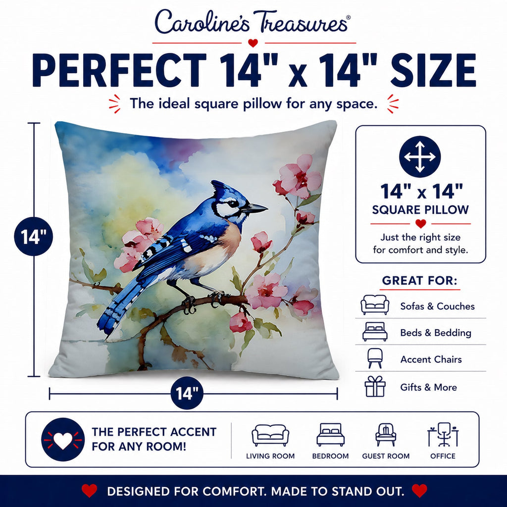 Blue Jay on Blossom Branch Decorative Throw Pillow 14x14 Indoor Outdoor Accent Cushion, Fabric Cover with Insert for Sofa, Bed, Porch & Living Room