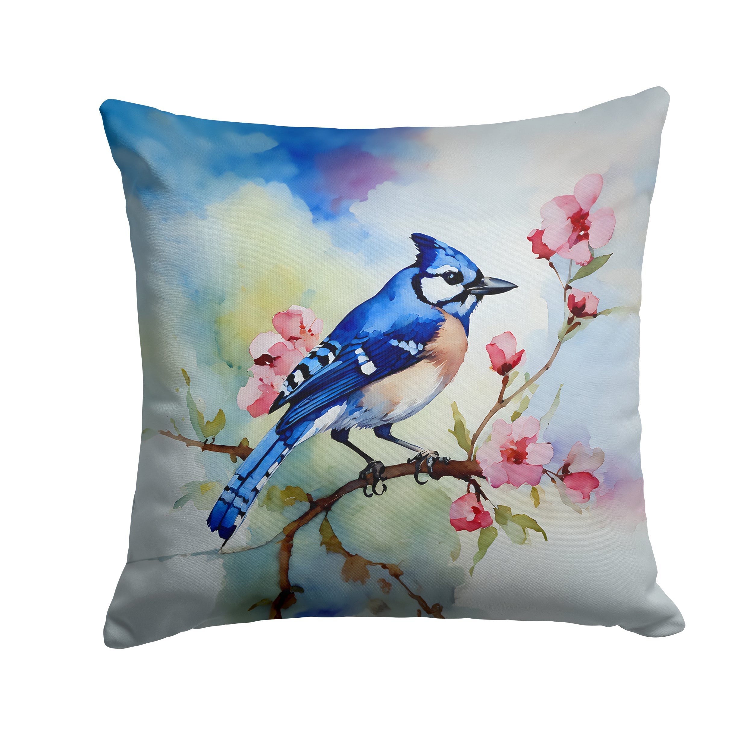 Blue Jay on Blossom Branch Decorative Throw Pillow 14x14 Indoor Outdoor Accent Cushion, Fabric Cover with Insert for Sofa, Bed, Porch & Living Room