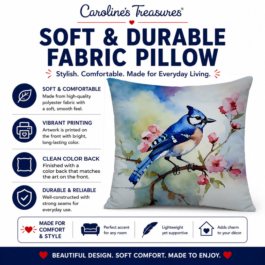 Blue Jay on Blossom Branch Decorative Throw Pillow 18x18 Indoor Outdoor Accent Cushion, Fabric Cover with Insert for Sofa, Bed, Porch & Living Room