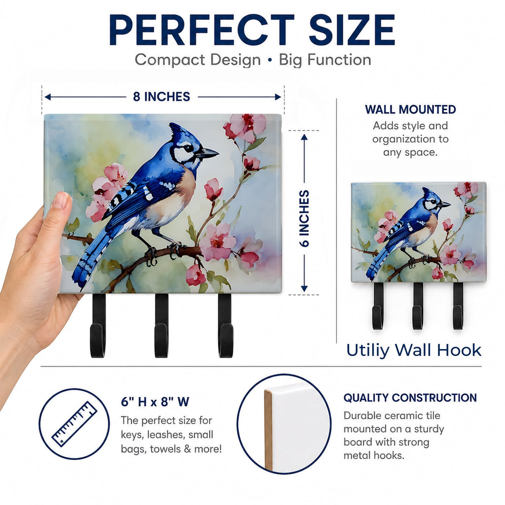 Blue Jay on Blossom Branch Leash or Key Holder Wall Hooks, Coat Rack Wall Mount, for Hanging Keys, Towels, Aprons, Leashes