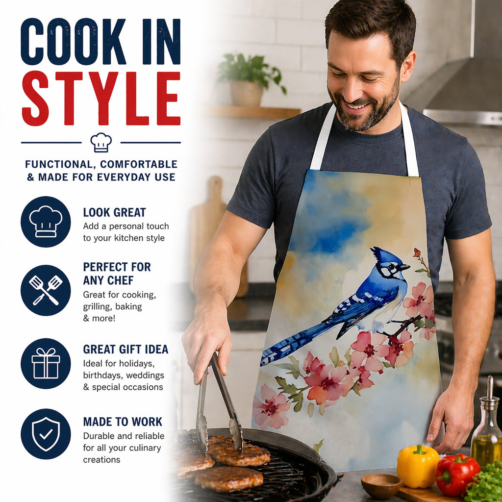 Blue Jay Spring Garden Scene Apron Cooking Kitchen Server Baking Crafts Gardening for Adult Women Men, Unisex, Large, Multicolor