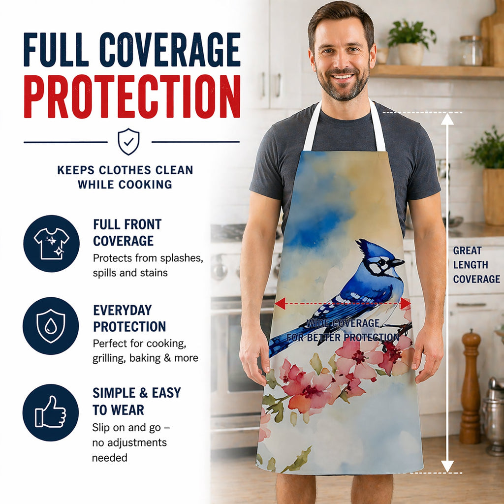 Blue Jay Spring Garden Scene Apron Cooking Kitchen Server Baking Crafts Gardening for Adult Women Men, Unisex, Large, Multicolor