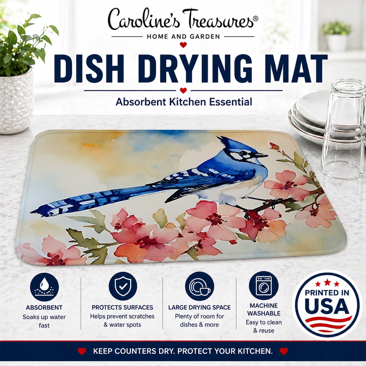 Blue Jay Spring Garden Scene Dish Drying Mat Absorbent Dish Drying Mat Pad for Kitchen Counter Dish Drainer Mat for Countertop, 14 x 21", Multicolor