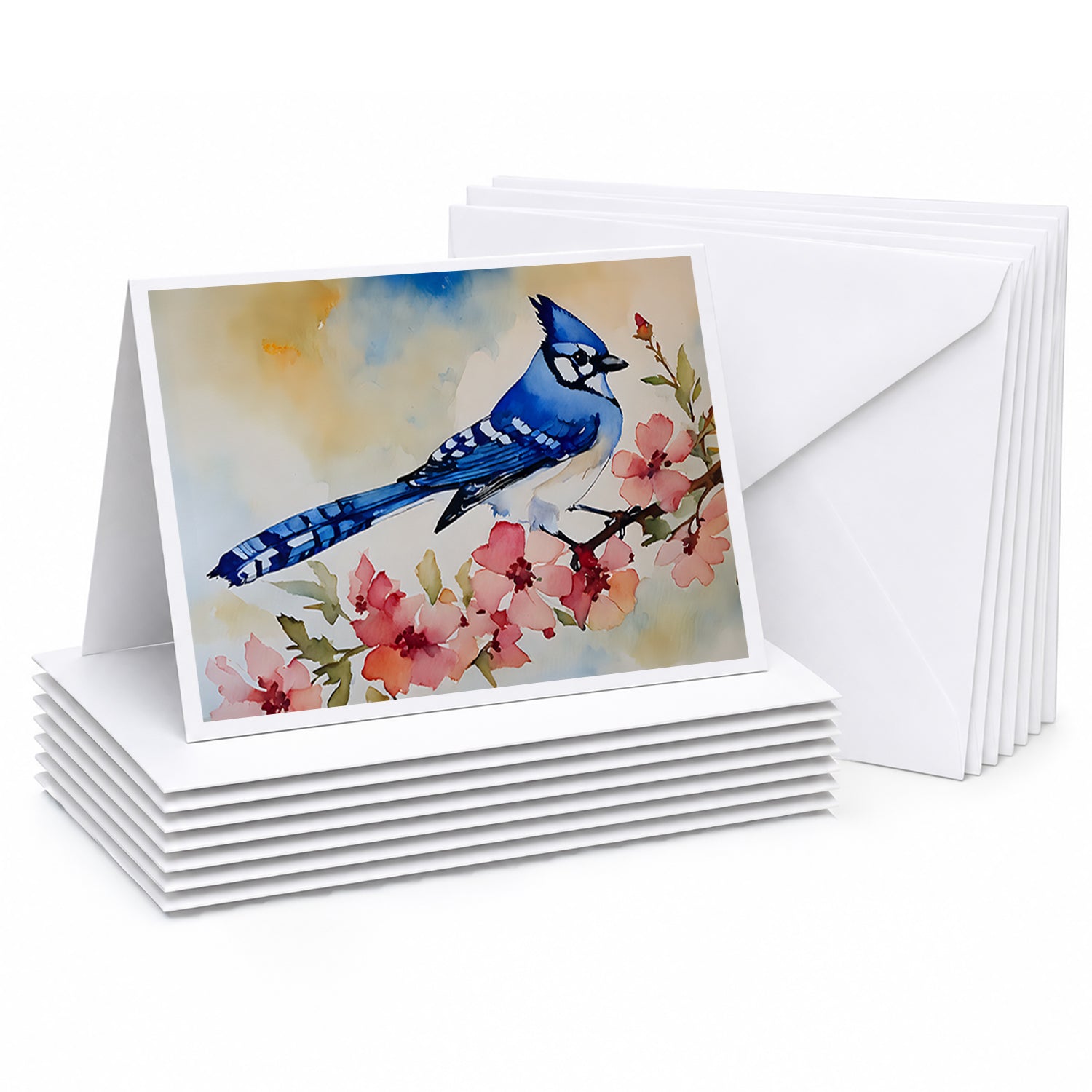 Blue Jay Spring Garden Scene Greeting Cards Pack of 8 Blank Cards with Envelopes Whimsical A7 Size 5x7