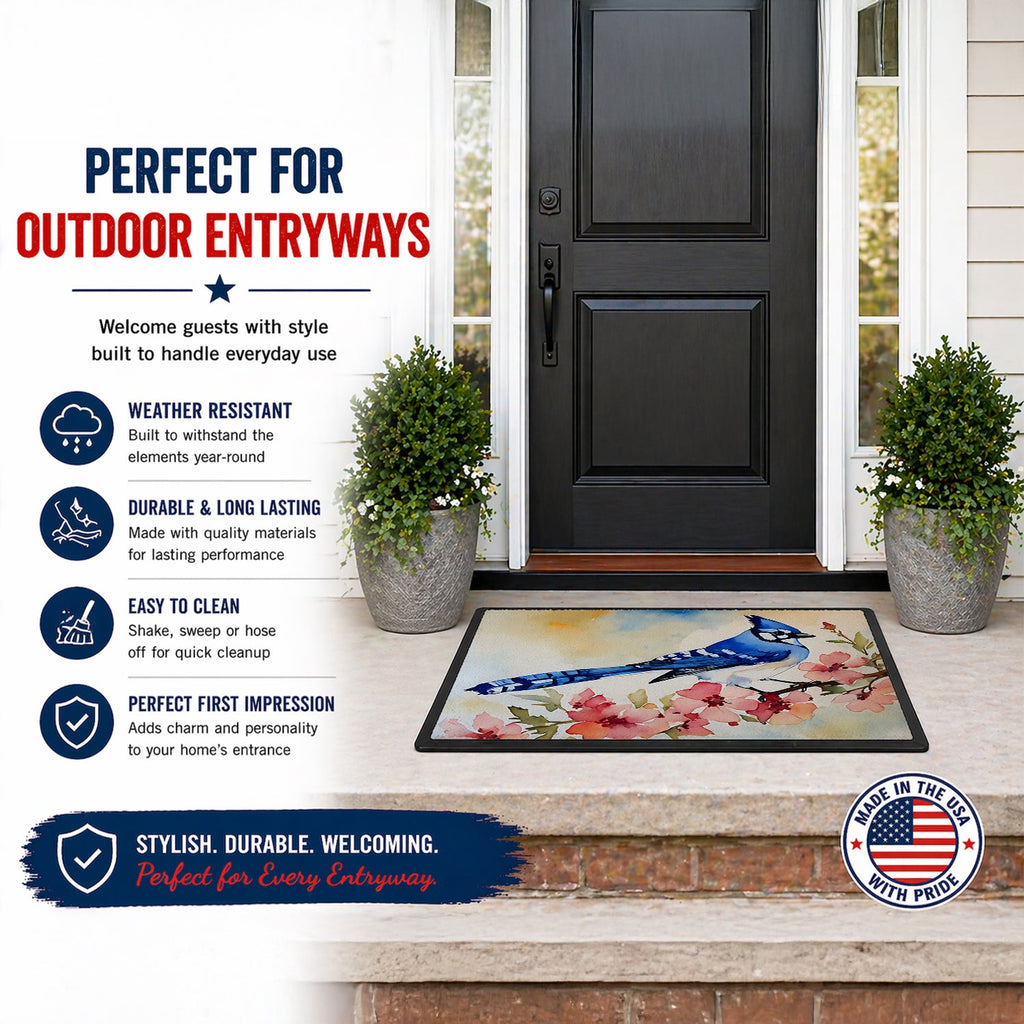 Blue Jay Spring Garden Scene Doormat Indoor Outdoor 24H X 36W Front Door Mat Rugs for Entryway, Non Slip Washable Low Pile,