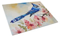 Blue Jay Spring Garden Scene Cutting Board Tempered Glass Kitchen Cutting Surface, Heat Resistant Chopping, Non-Slip Feet, Food Prep & Serving