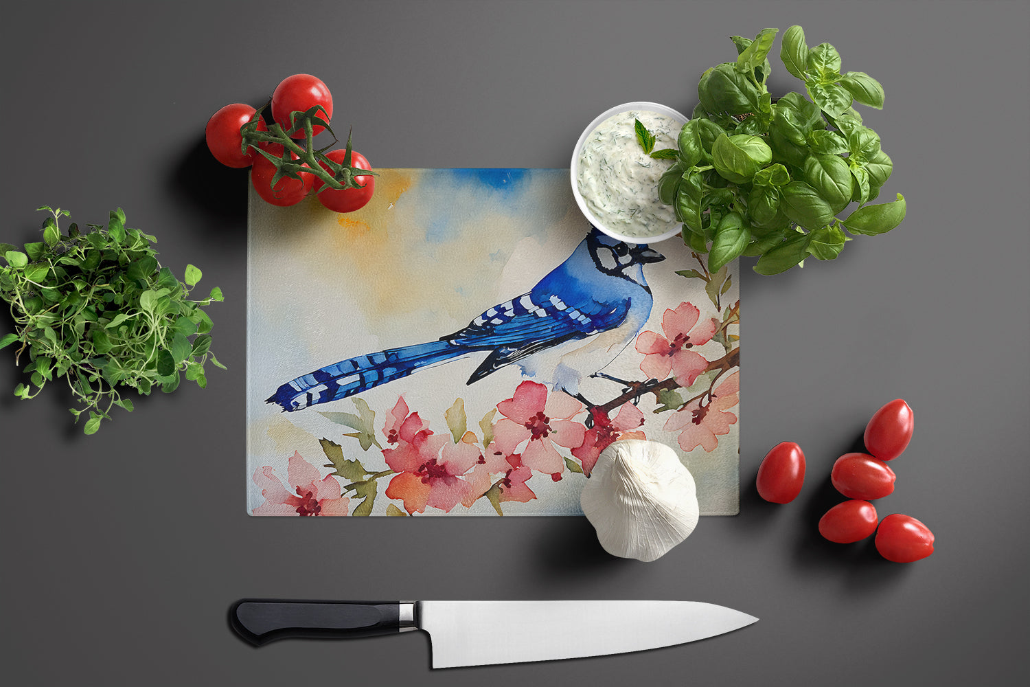 Blue Jay Spring Garden Scene Cutting Board Tempered Glass Kitchen Cutting Surface, Heat Resistant Chopping, Non-Slip Feet, Food Prep & Serving