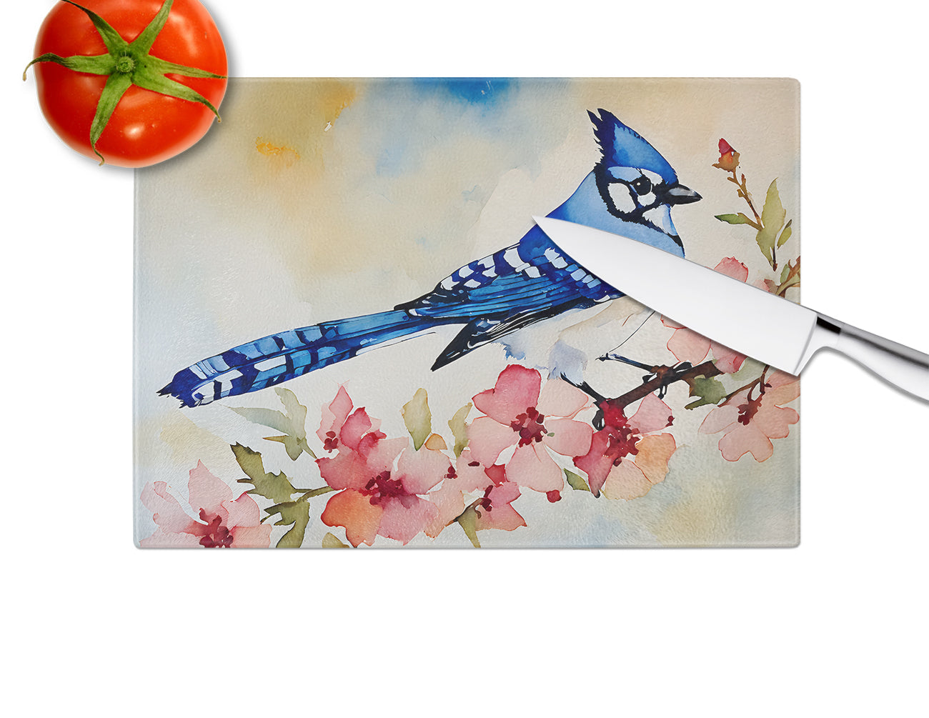 Blue Jay Spring Garden Scene Cutting Board Tempered Glass Kitchen Cutting Surface, Heat Resistant Chopping, Non-Slip Feet, Food Prep & Serving
