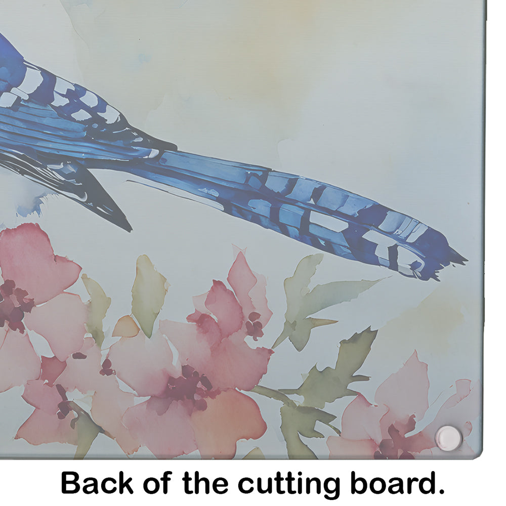 Blue Jay Spring Garden Scene Cutting Board Tempered Glass Kitchen Cutting Surface, Heat Resistant Chopping, Non-Slip Feet, Food Prep & Serving