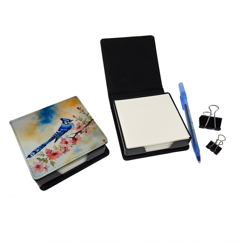 Blue Jay Spring Garden Scene PU Leather Note Paper Holder with Artist-Designed Cover, Desk Accessory, Office Gift