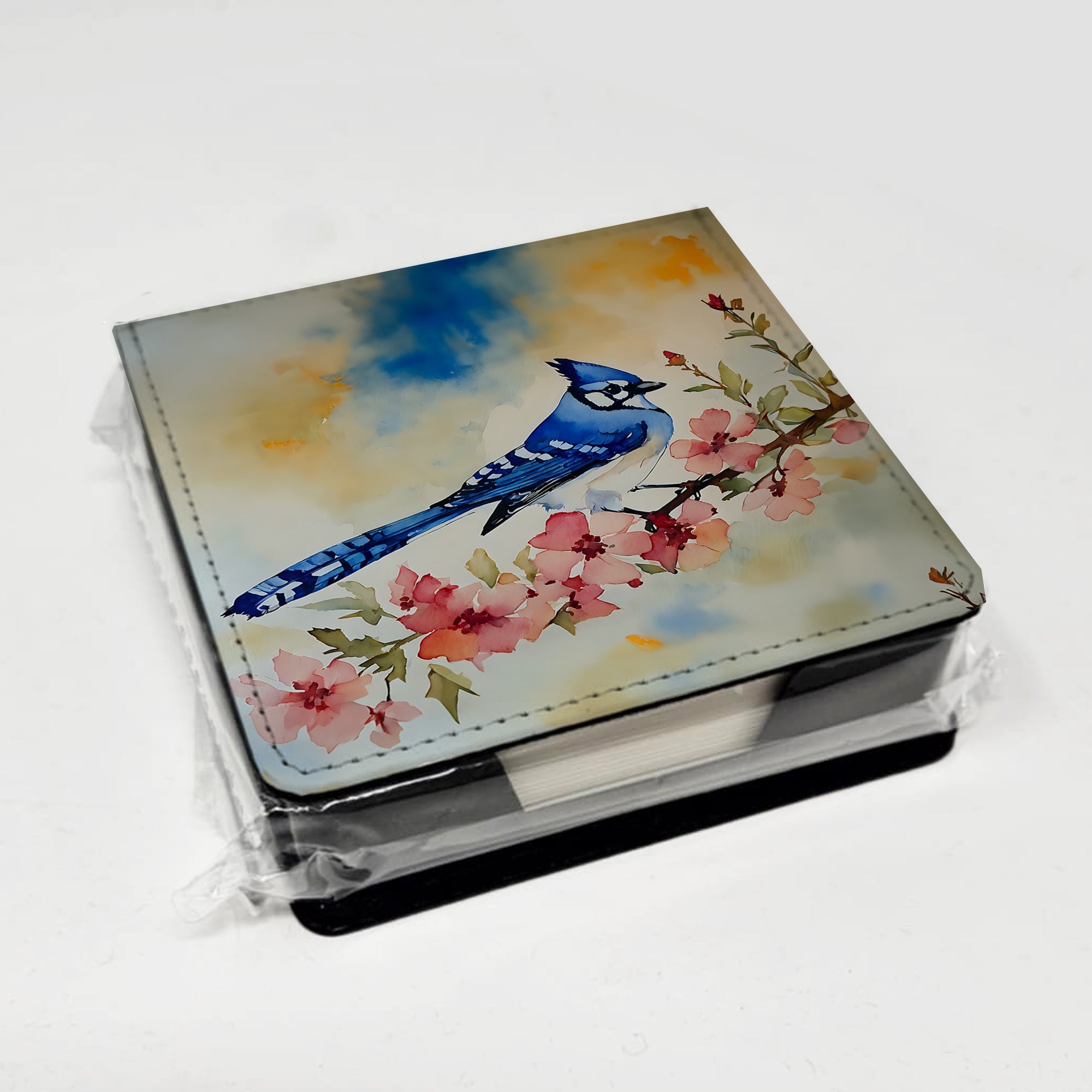 Blue Jay Spring Garden Scene PU Leather Note Paper Holder with Artist-Designed Cover, Desk Accessory, Office Gift