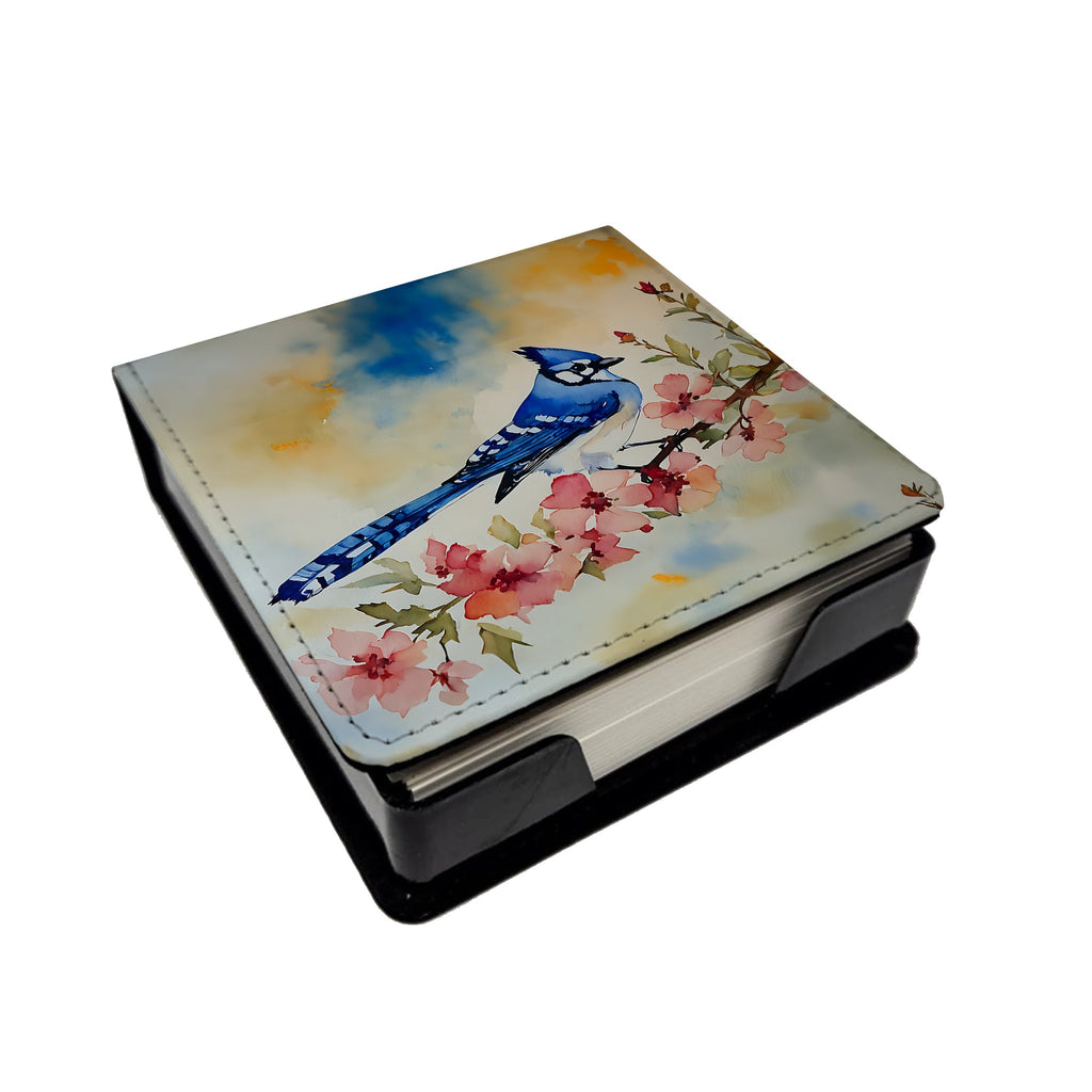 Blue Jay Spring Garden Scene PU Leather Note Paper Holder with Artist-Designed Cover, Desk Accessory, Office Gift