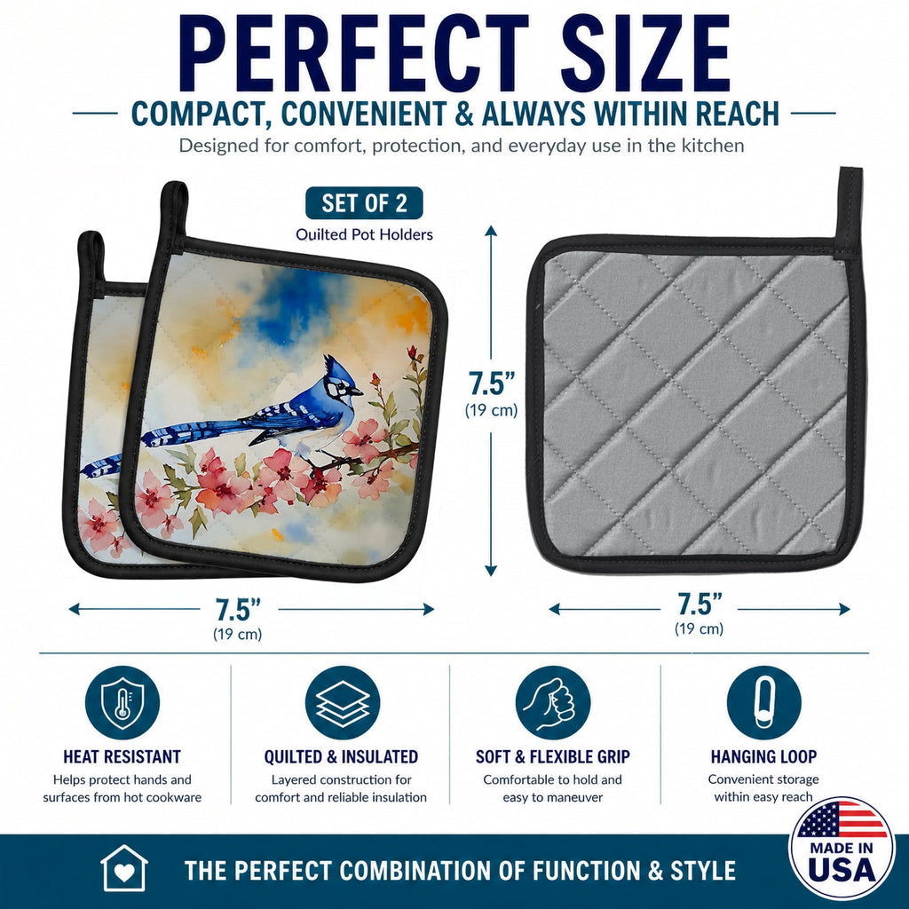 Blue Jay Spring Garden Scene Pot Holder Set of 2 Heat Resistant Quilted Hot Pads 7.5 x 7.5 Inch, Insulated Kitchen Trivets for Cooking & Baking