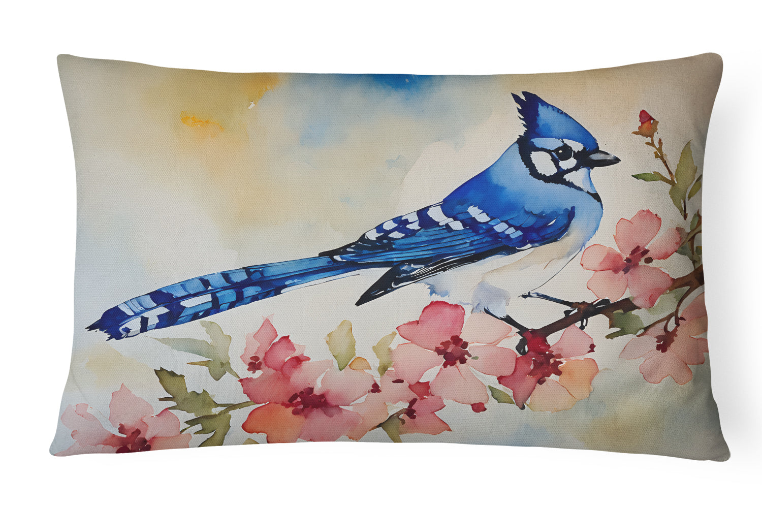 Blue Jay Spring Garden Scene Decorative Throw Pillow 12x16 Indoor Outdoor Accent Cushion, Fabric Cover with Insert for Sofa, Bed, Porch & Living Room