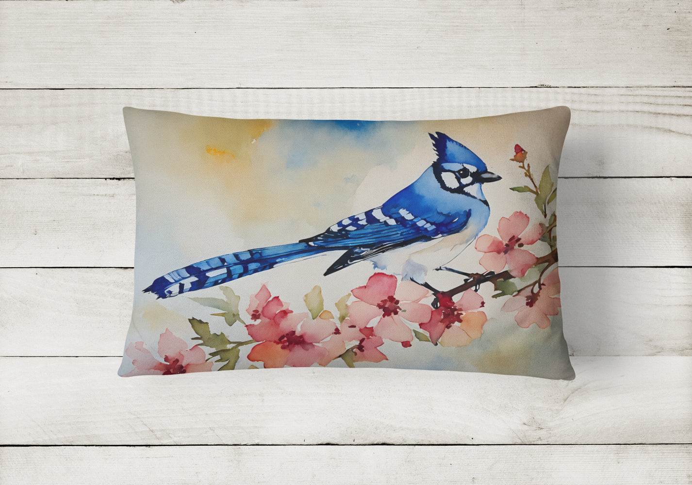 Blue Jay Spring Garden Scene Decorative Throw Pillow 12x16 Indoor Outdoor Accent Cushion, Fabric Cover with Insert for Sofa, Bed, Porch & Living Room
