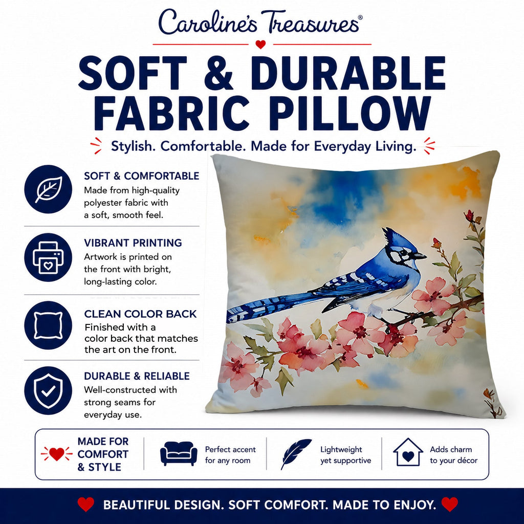 Blue Jay Spring Garden Scene Decorative Throw Pillow 14x14 Indoor Outdoor Accent Cushion, Fabric Cover with Insert for Sofa, Bed, Porch & Living Room