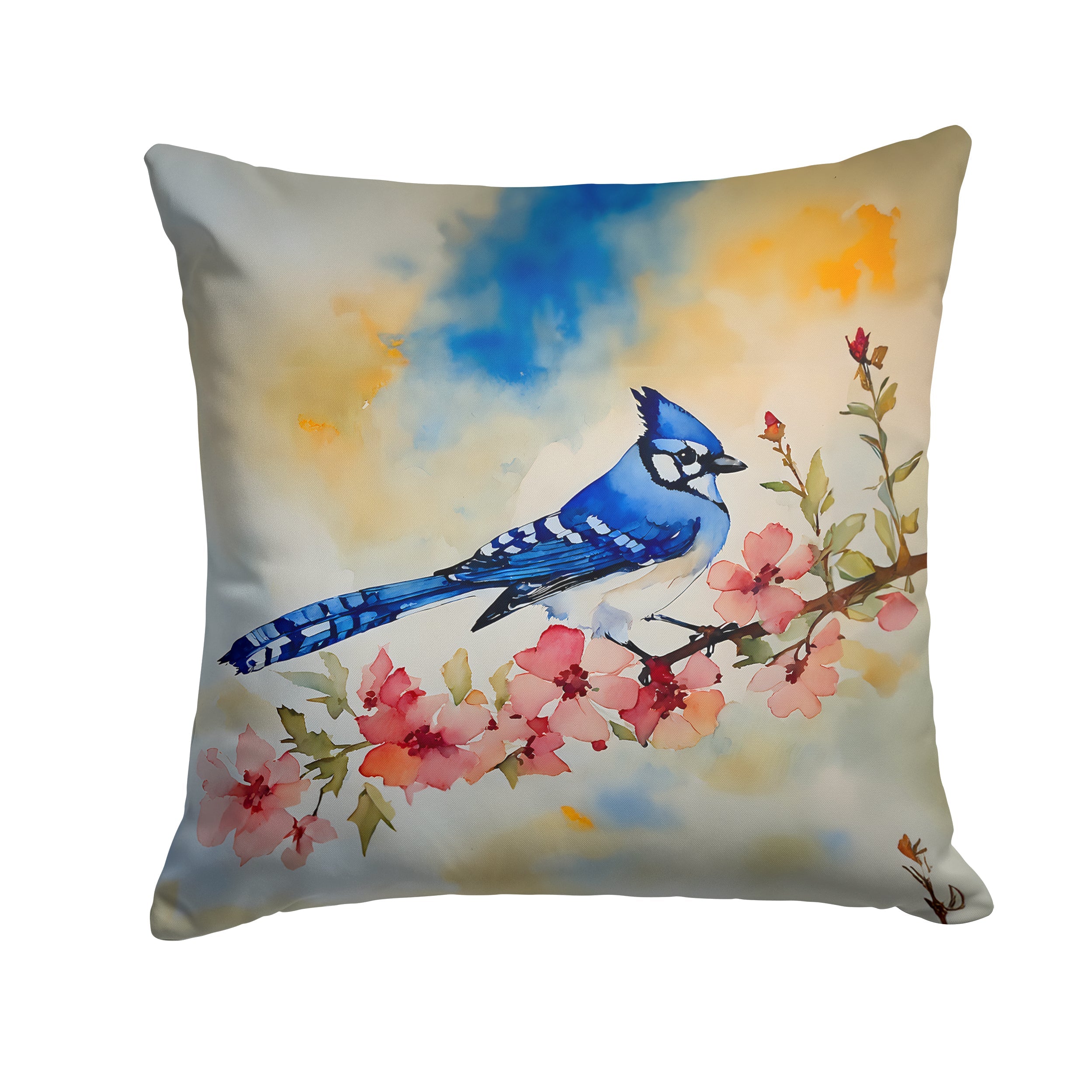 Blue Jay Spring Garden Scene Decorative Throw Pillow 18x18 Indoor Outdoor Accent Cushion, Fabric Cover with Insert for Sofa, Bed, Porch & Living Room