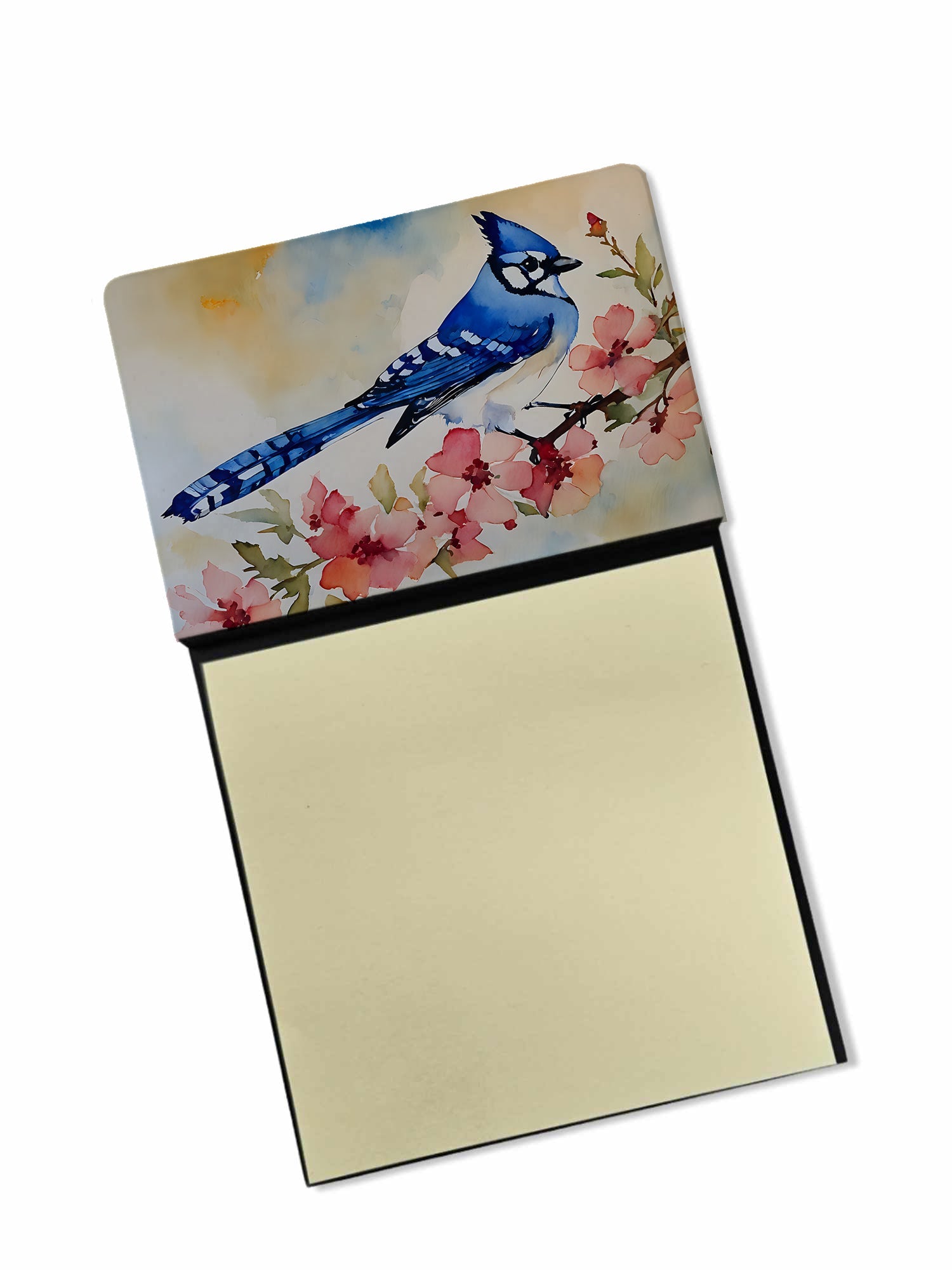 Blue Jay Spring Garden Scene Watercolor Sticky Note Holder Refillable Dispenser Desk Accessory 3x3 Pad Gift