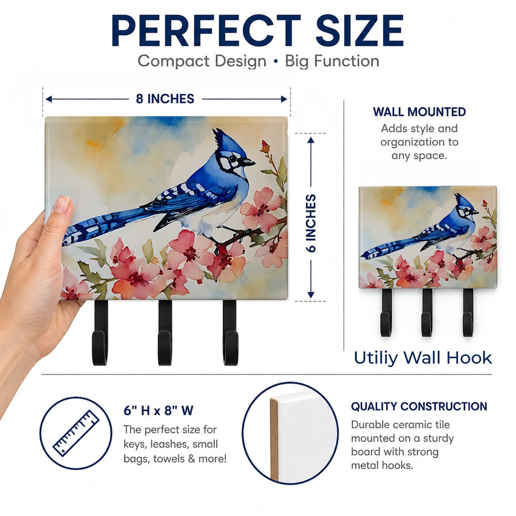 Blue Jay Spring Garden Scene Leash or Key Holder Wall Hooks, Coat Rack Wall Mount, for Hanging Keys, Towels, Aprons, Leashes