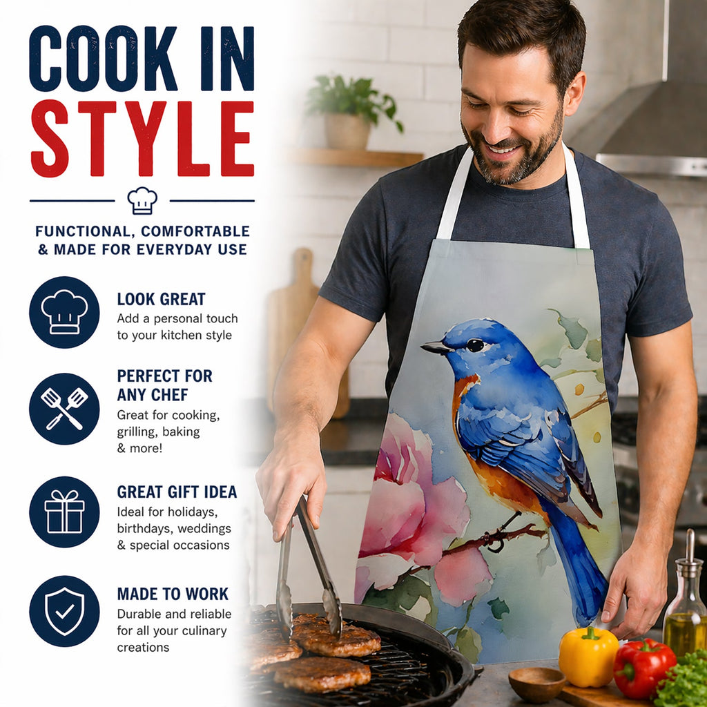 Bluebird with Flower Bloom Apron Cooking Kitchen Server Baking Crafts Gardening for Adult Women Men, Unisex, Large, Multicolor