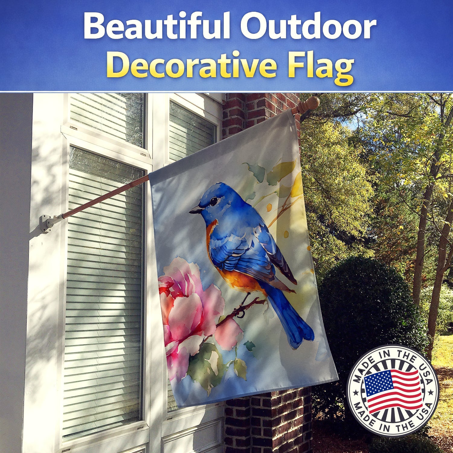 Bluebird with Flower Bloom House Flag 28x40 Porch Sleeve Pole Decorative Outside Yard Banner Artwork Wall Hanging, Polyester