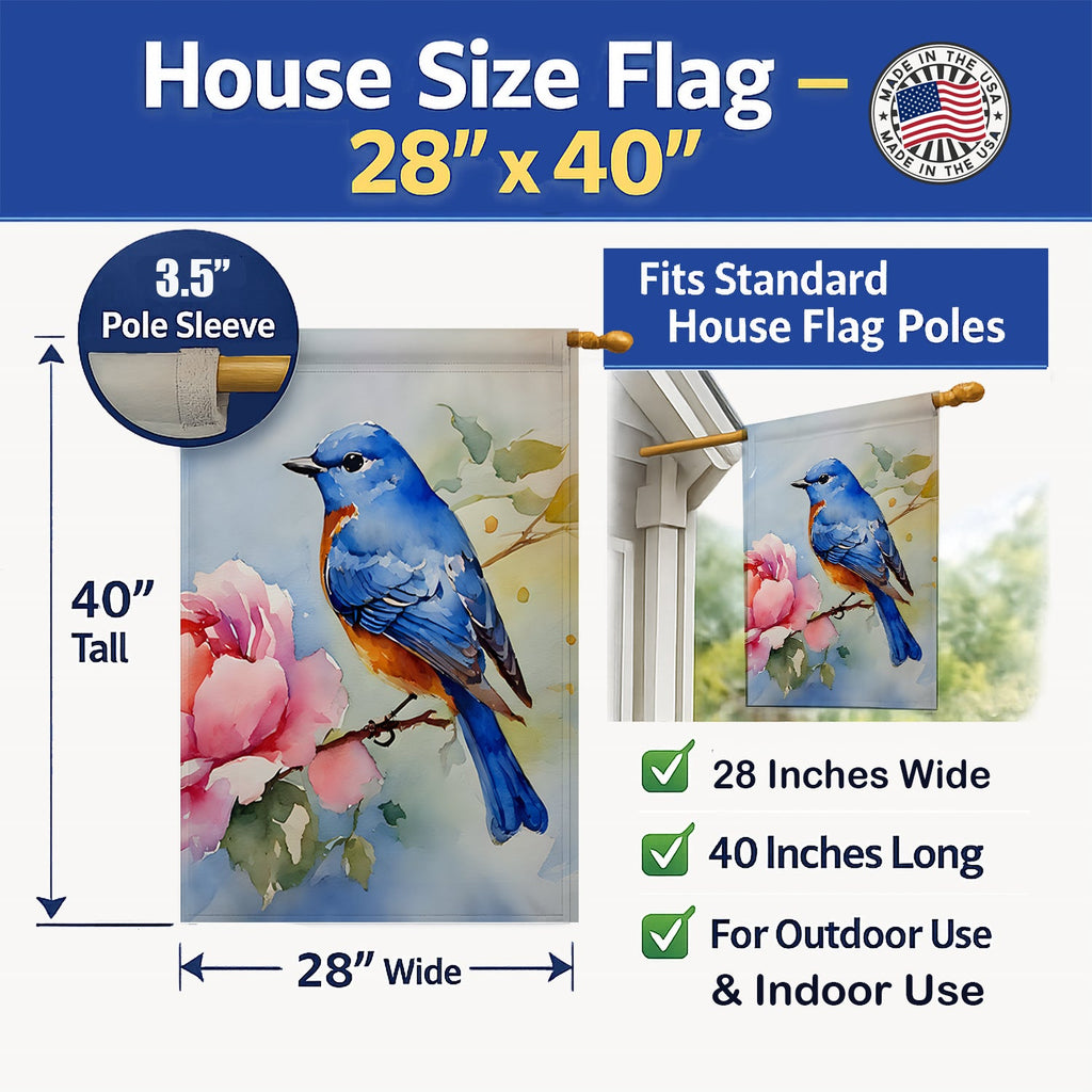 Bluebird with Flower Bloom House Flag 28x40 Porch Sleeve Pole Decorative Outside Yard Banner Artwork Wall Hanging, Polyester