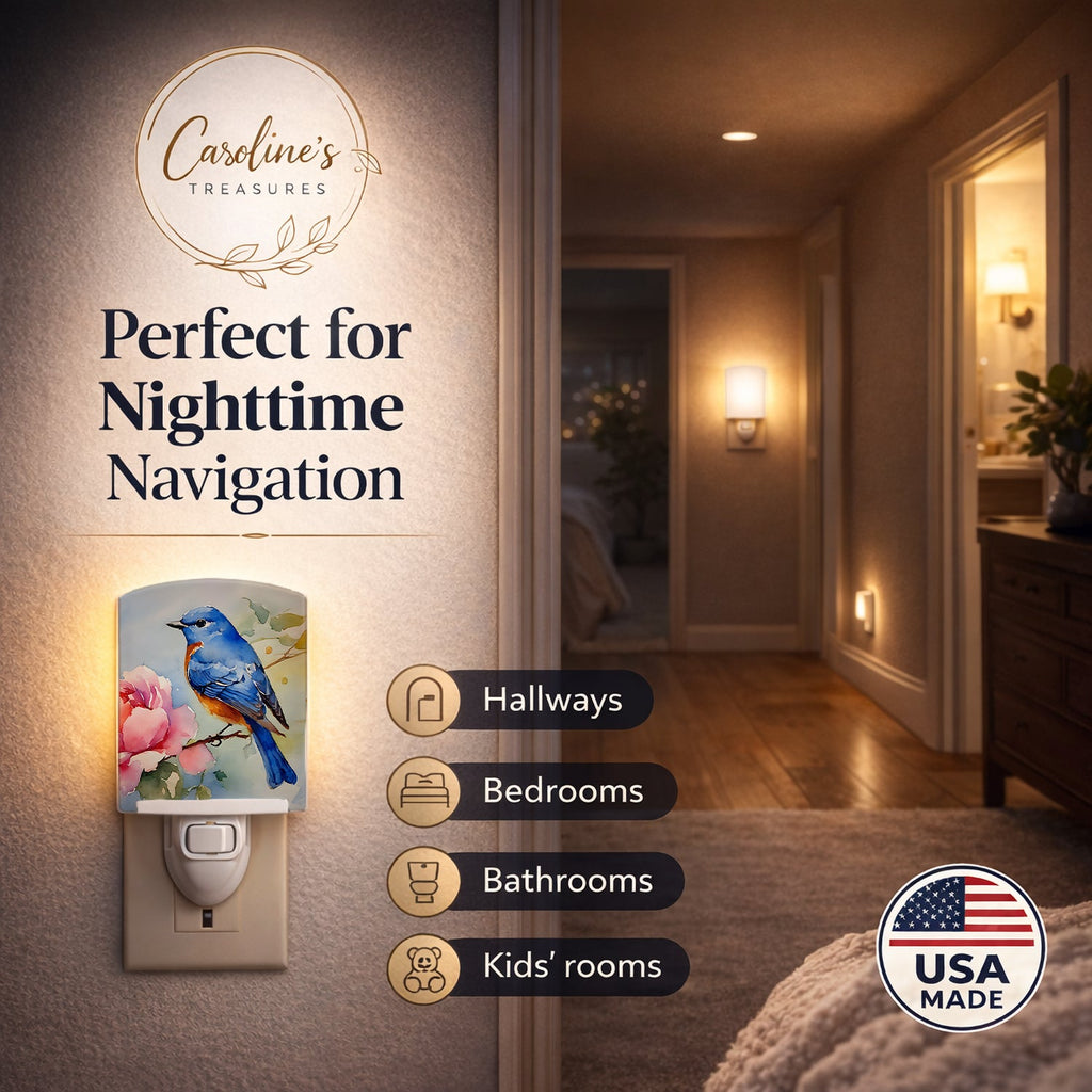 Bluebird with Flower Bloom Ceramic Night Light Compact, UL-Certified, Ideal for Bedroom, Bathroom, Nursery, Hallway, Kitchen, 6x4x3, Multicolor