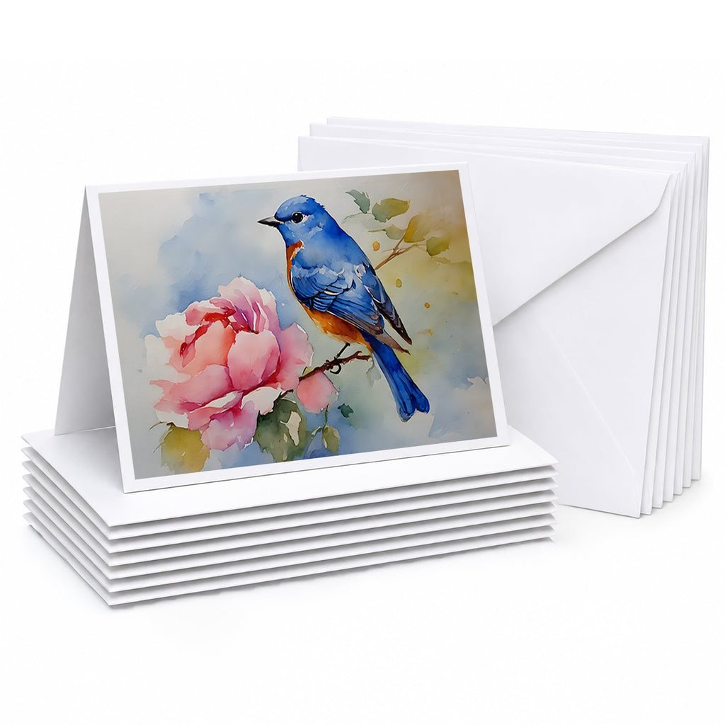Bluebird with Flower Bloom Greeting Cards Pack of 8 Blank Cards with Envelopes Whimsical A7 Size 5x7