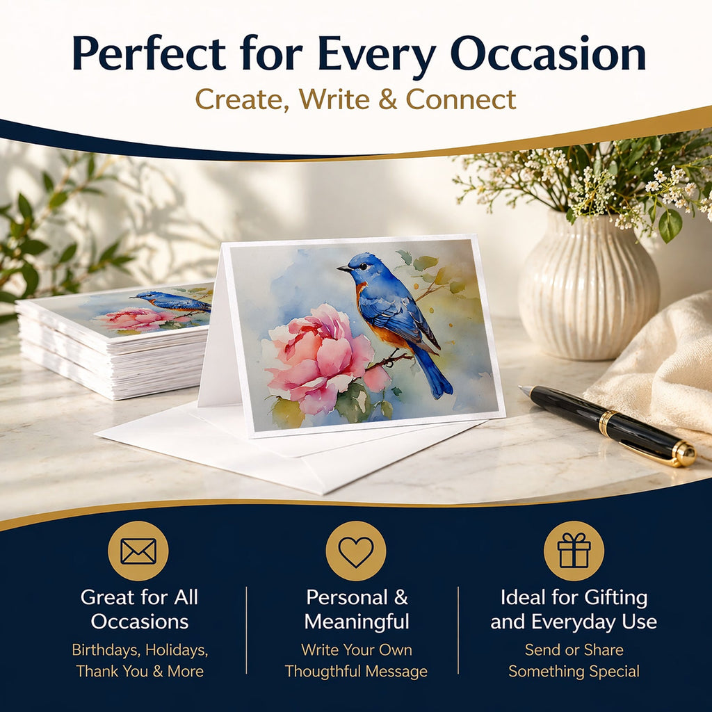 Bluebird with Flower Bloom Greeting Cards Pack of 8 Blank Cards with Envelopes Whimsical A7 Size 5x7