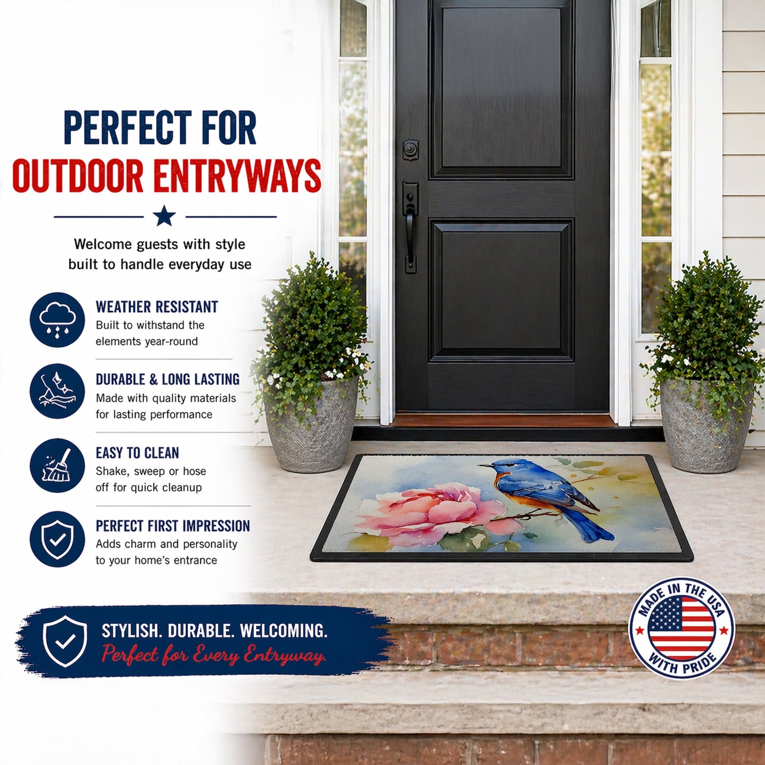 Bluebird with Flower Bloom Doormat Indoor Outdoor 24H X 36W Front Door Mat Rugs for Entryway, Non Slip Washable Low Pile,