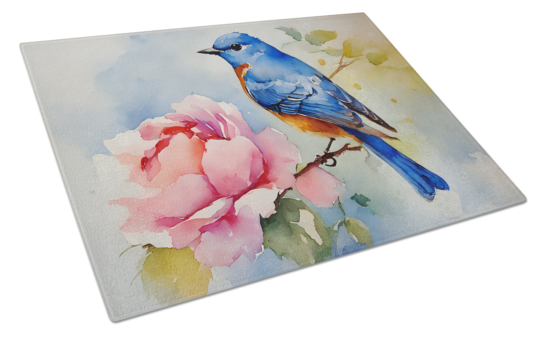 Bluebird with Flower Bloom Cutting Board Tempered Glass Kitchen Cutting Surface, Heat Resistant Chopping, Non-Slip Feet, Food Prep & Serving