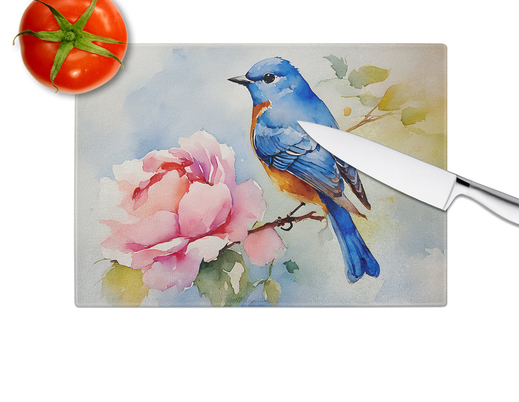 Bluebird with Flower Bloom Cutting Board Tempered Glass Kitchen Cutting Surface, Heat Resistant Chopping, Non-Slip Feet, Food Prep & Serving