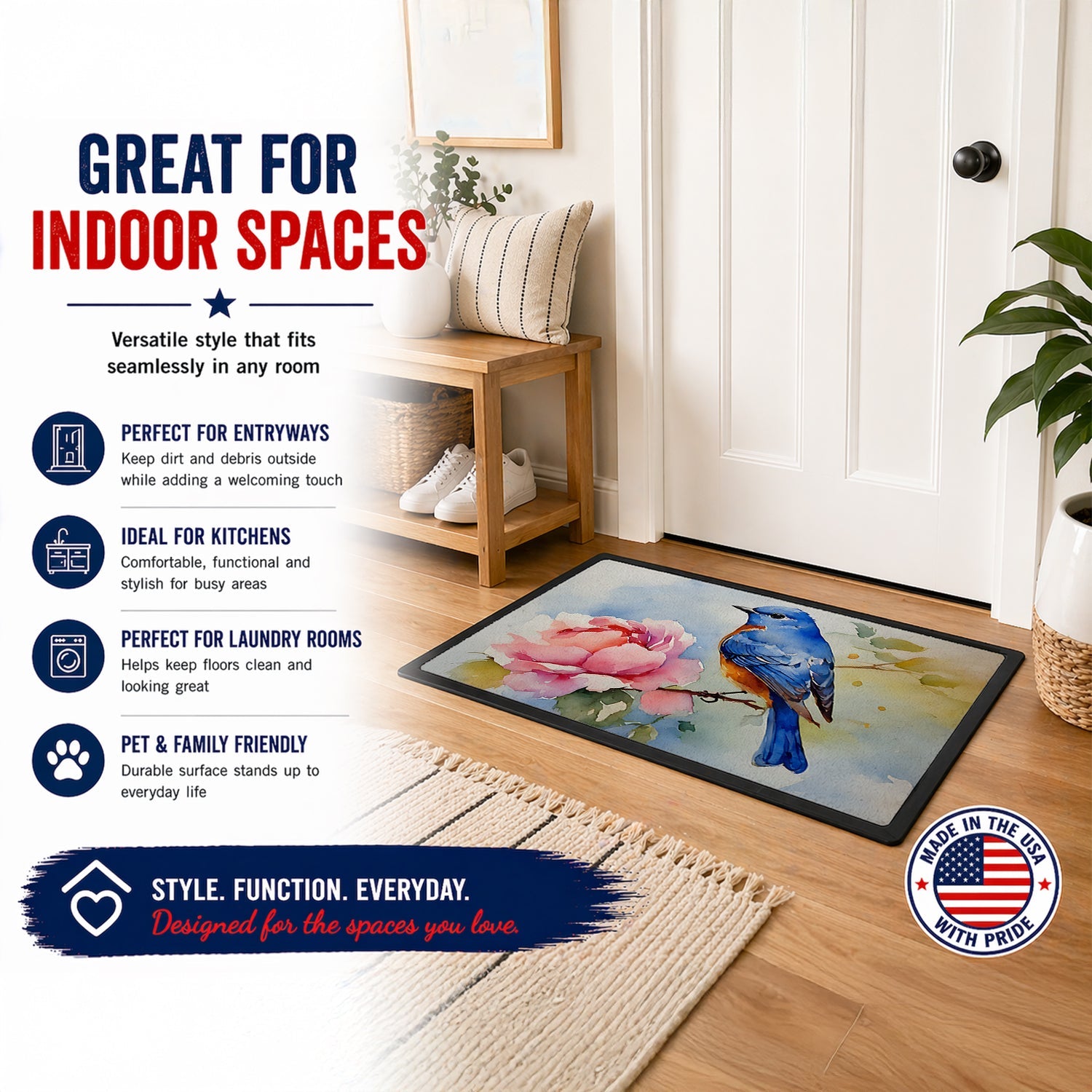 Bluebird with Flower Bloom Doormat Indoor Outdoor 18H X 27W Front Door Mat Rugs for Entryway, Non Slip Washable
