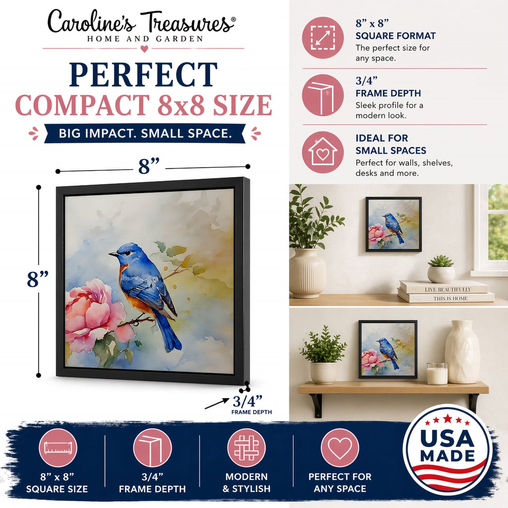 Bluebird with Flower Bloom Framed Metal Print Bathroom, Kitchen, Office, Home Decor Wall Art Ready to Hang, Square, 8X8