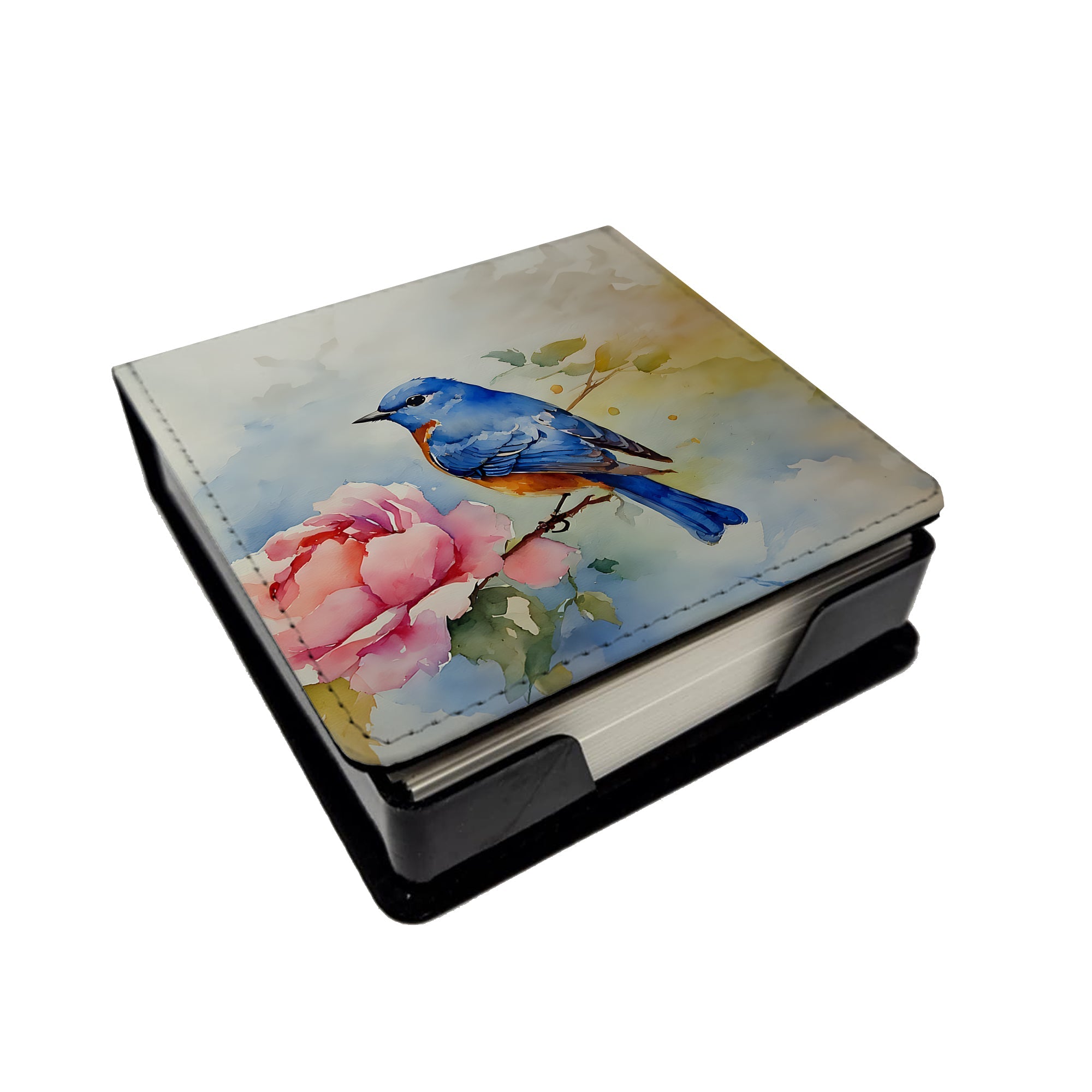 Bluebird with Flower Bloom PU Leather Note Paper Holder with Artist-Designed Cover, Desk Accessory, Office Gift