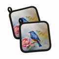 Bluebird with Flower Bloom Pot Holder Set of 2 Heat Resistant Quilted Hot Pads 7.5 x 7.5 Inch, Insulated Kitchen Trivets for Cooking & Baking