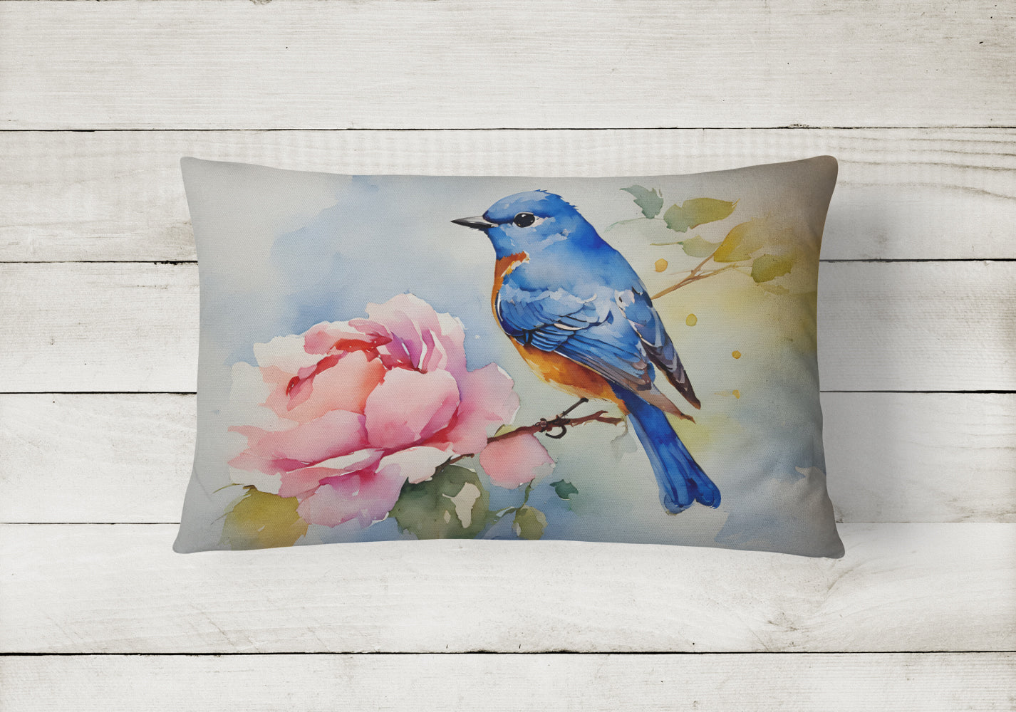 Bluebird with Flower Bloom Decorative Throw Pillow 12x16 Indoor Outdoor Accent Cushion, Fabric Cover with Insert for Sofa, Bed, Porch & Living Room