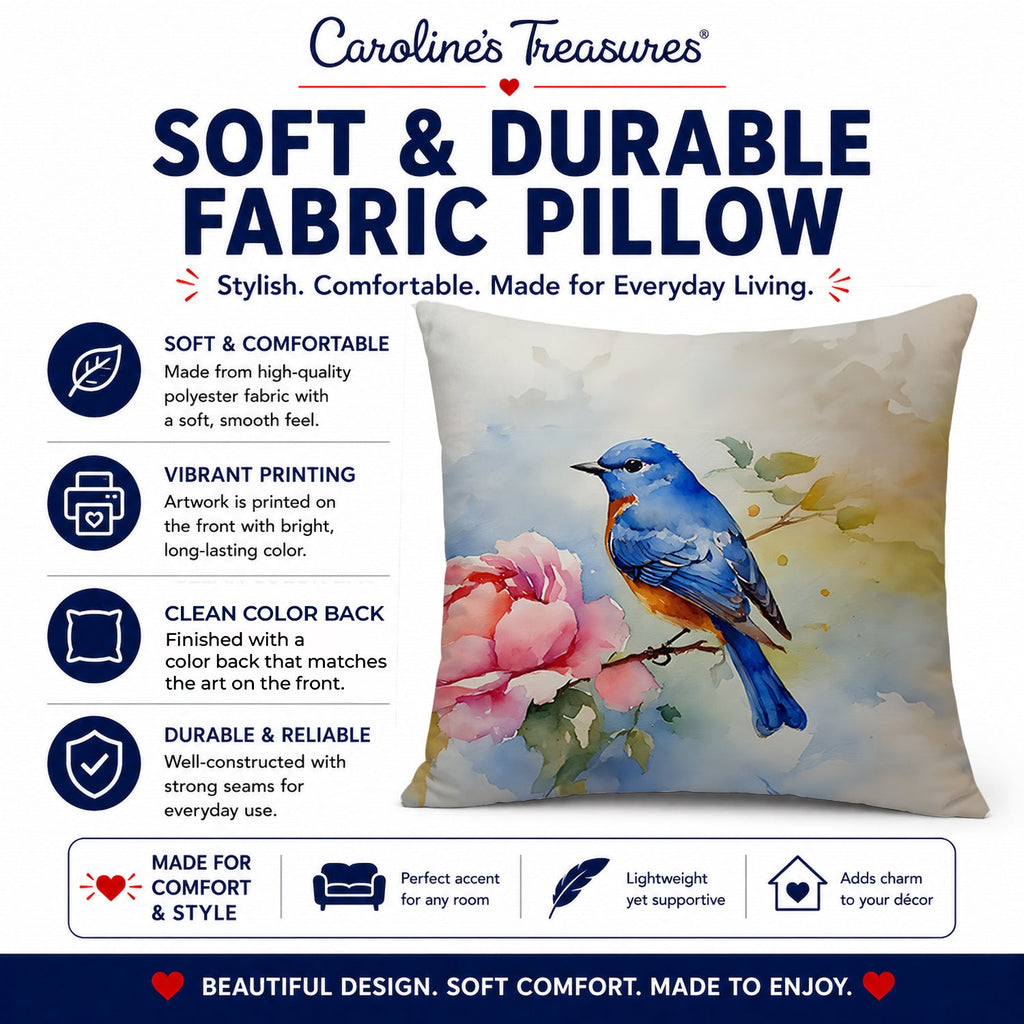 Bluebird with Flower Bloom Decorative Throw Pillow 14x14 Indoor Outdoor Accent Cushion, Fabric Cover with Insert for Sofa, Bed, Porch & Living Room