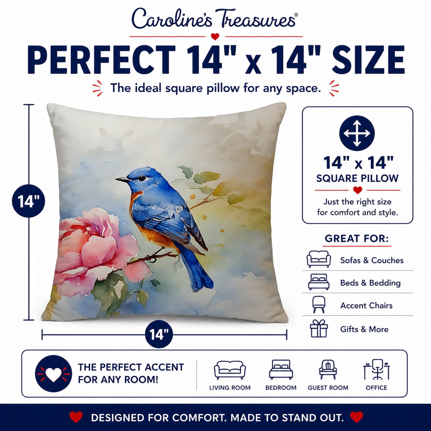 Bluebird with Flower Bloom Decorative Throw Pillow 14x14 Indoor Outdoor Accent Cushion, Fabric Cover with Insert for Sofa, Bed, Porch & Living Room