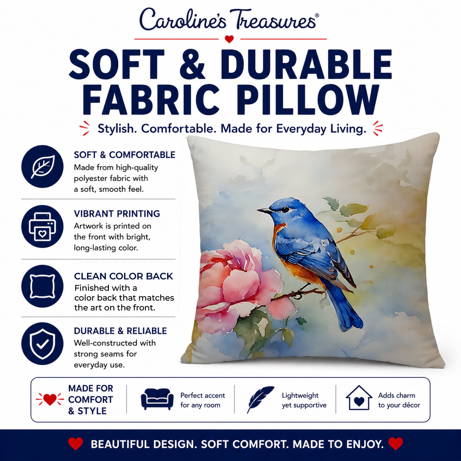 Bluebird with Flower Bloom Decorative Throw Pillow 18x18 Indoor Outdoor Accent Cushion, Fabric Cover with Insert for Sofa, Bed, Porch & Living Room