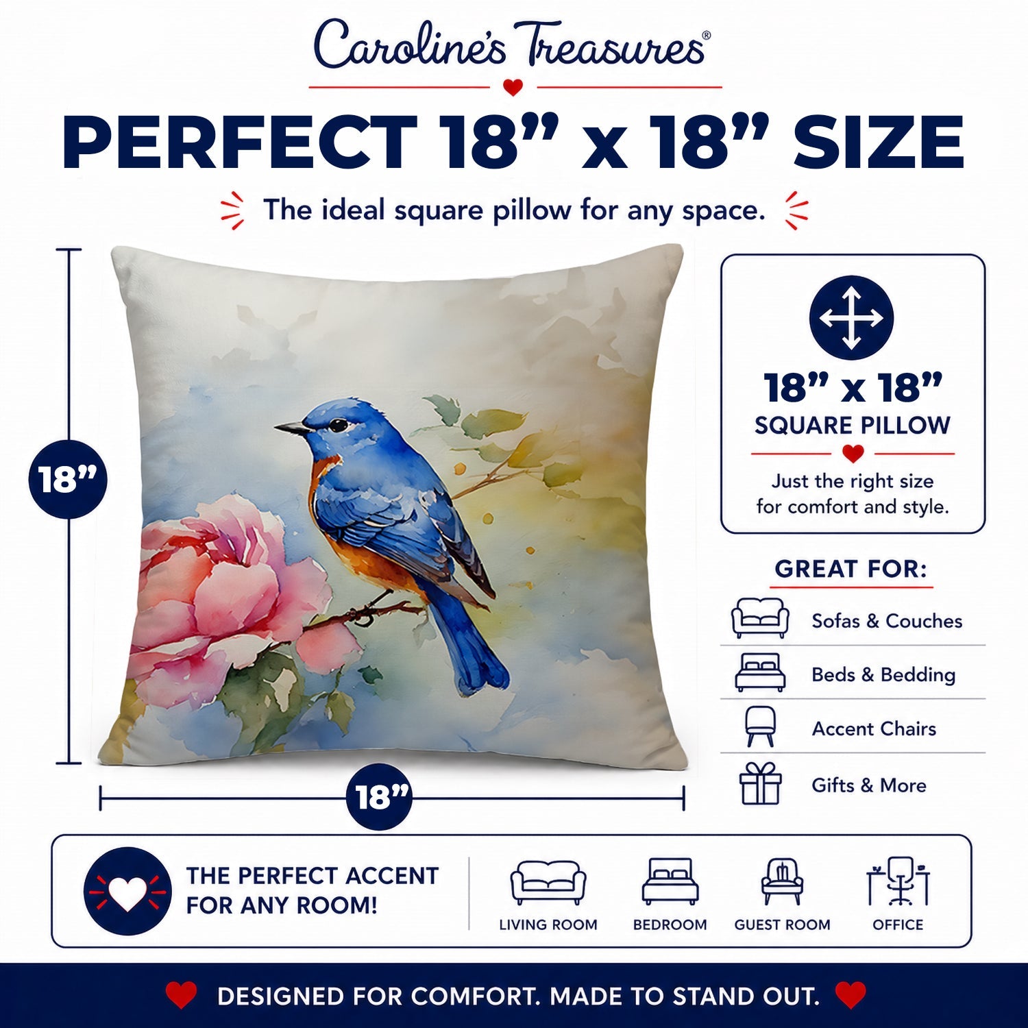 Bluebird with Flower Bloom Decorative Throw Pillow 18x18 Indoor Outdoor Accent Cushion, Fabric Cover with Insert for Sofa, Bed, Porch & Living Room