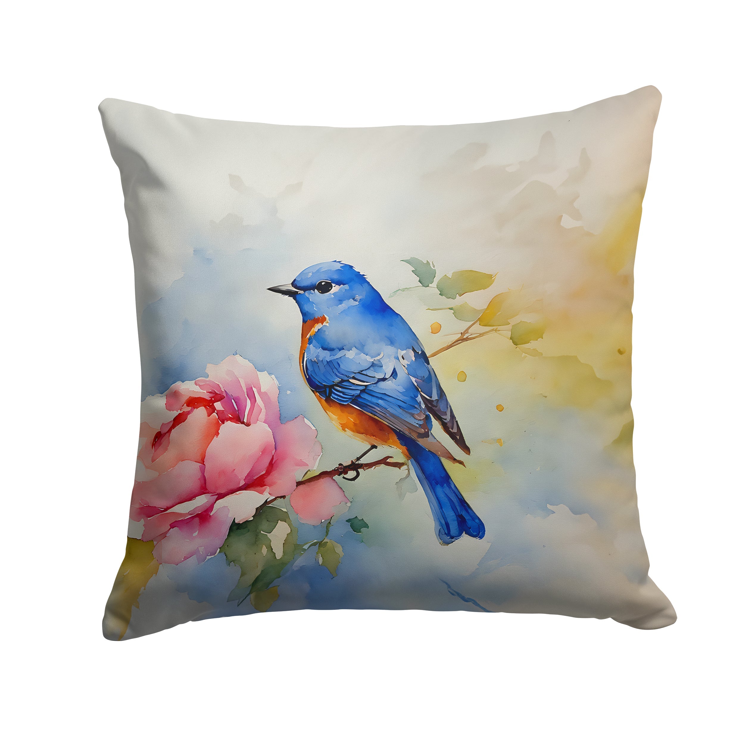 Bluebird with Flower Bloom Decorative Throw Pillow 18x18 Indoor Outdoor Accent Cushion, Fabric Cover with Insert for Sofa, Bed, Porch & Living Room