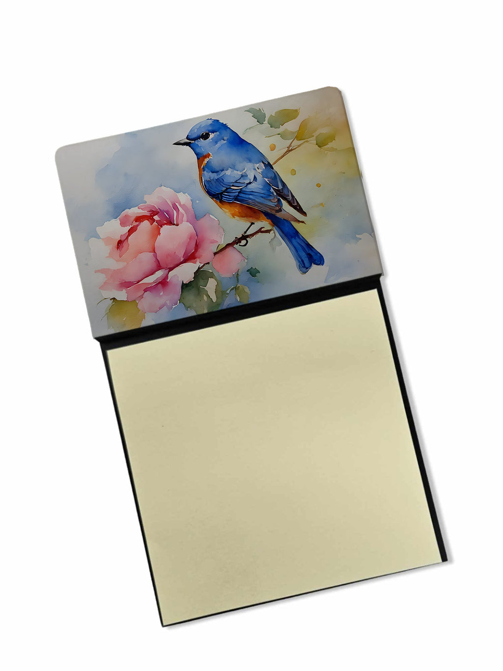 Bluebird with Flower Bloom Watercolor Sticky Note Holder Refillable Dispenser Desk Accessory 3x3 Pad Gift