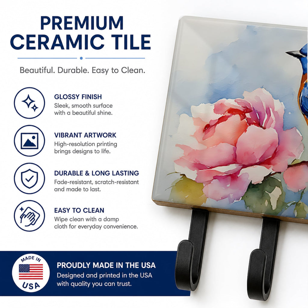 Bluebird with Flower Bloom Leash or Key Holder Wall Hooks, Coat Rack Wall Mount, for Hanging Keys, Towels, Aprons, Leashes