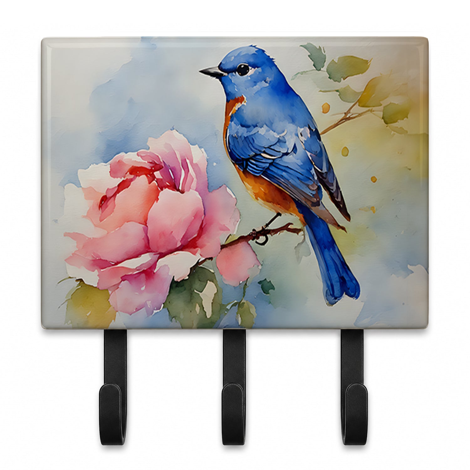 Bluebird with Flower Bloom Leash or Key Holder Wall Hooks, Coat Rack Wall Mount, for Hanging Keys, Towels, Aprons, Leashes