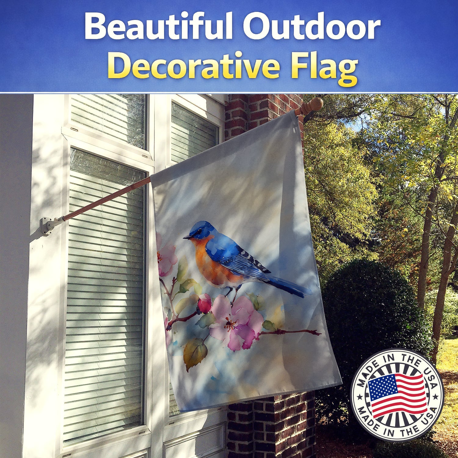 Bluebird on Blossom Branch House Flag 28x40 Porch Sleeve Pole Decorative Outside Yard Banner Artwork Wall Hanging, Polyester