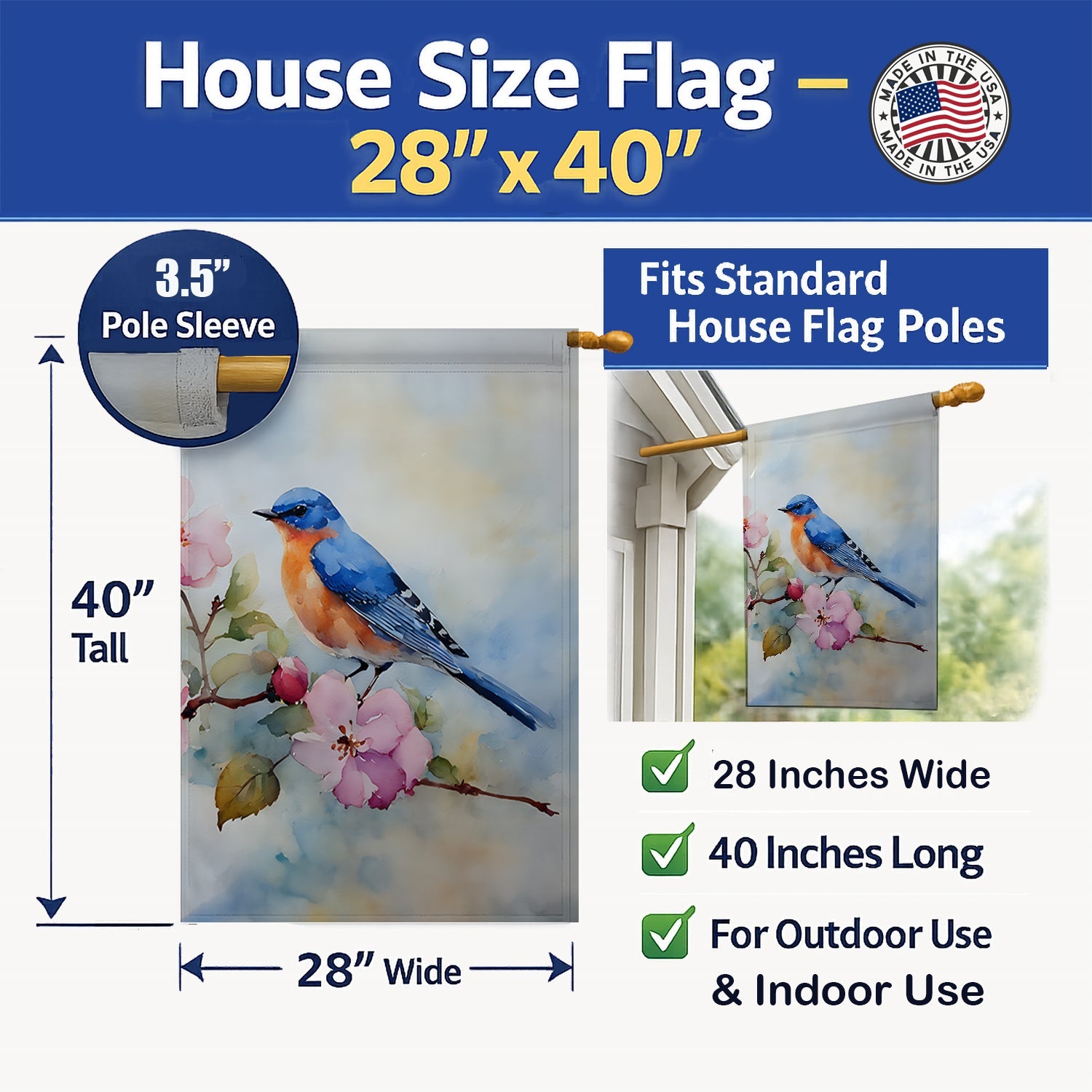 Bluebird on Blossom Branch House Flag 28x40 Porch Sleeve Pole Decorative Outside Yard Banner Artwork Wall Hanging, Polyester