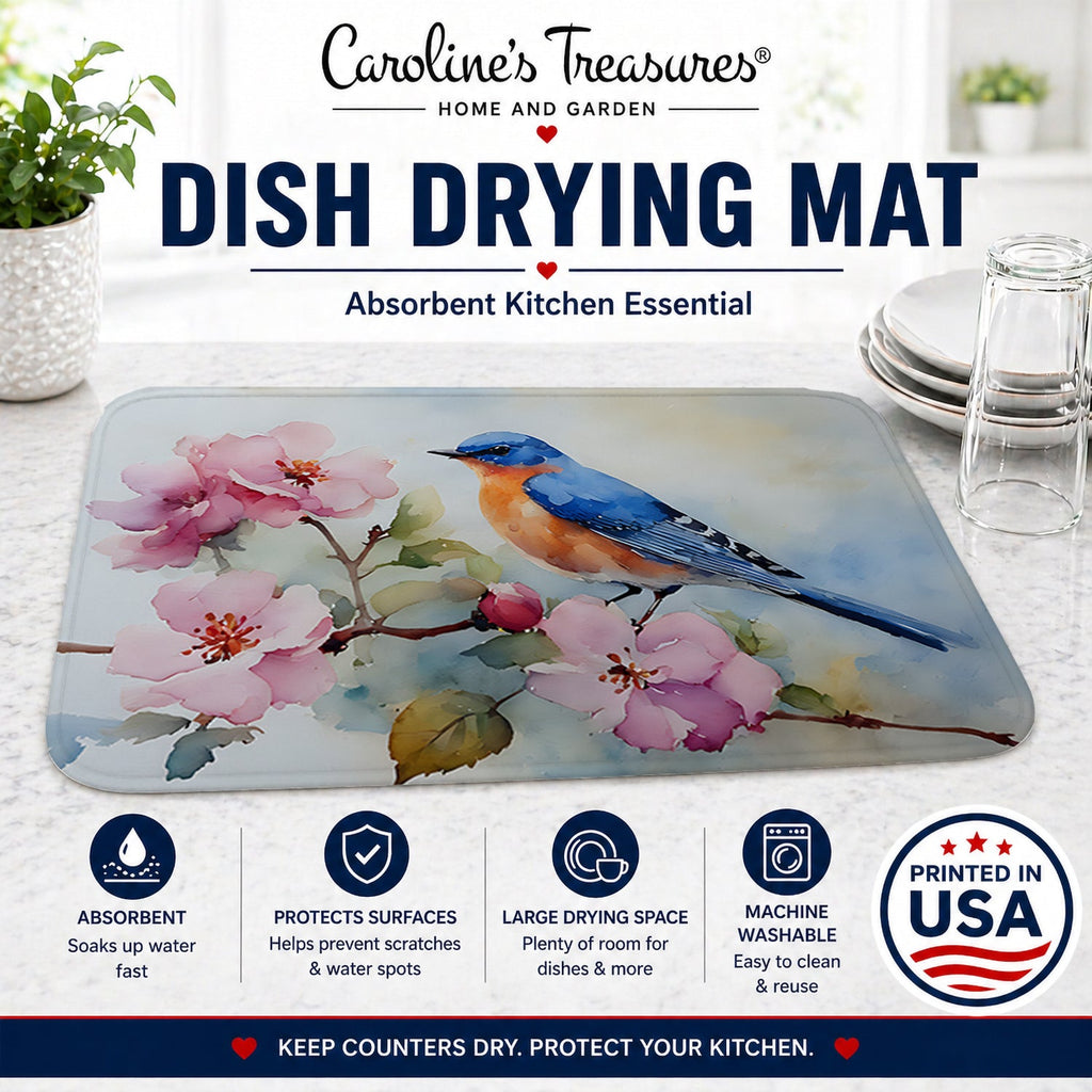 Bluebird on Blossom Branch Dish Drying Mat Absorbent Dish Drying Mat Pad for Kitchen Counter Dish Drainer Mat for Countertop, 14 x 21", Multicolor