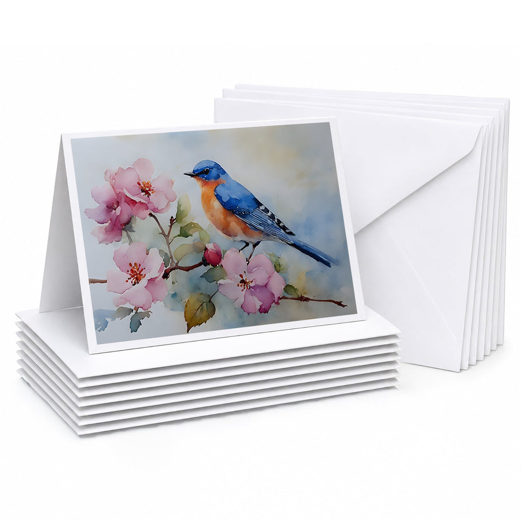 Bluebird on Blossom Branch Greeting Cards Pack of 8 Blank Cards with Envelopes Whimsical A7 Size 5x7